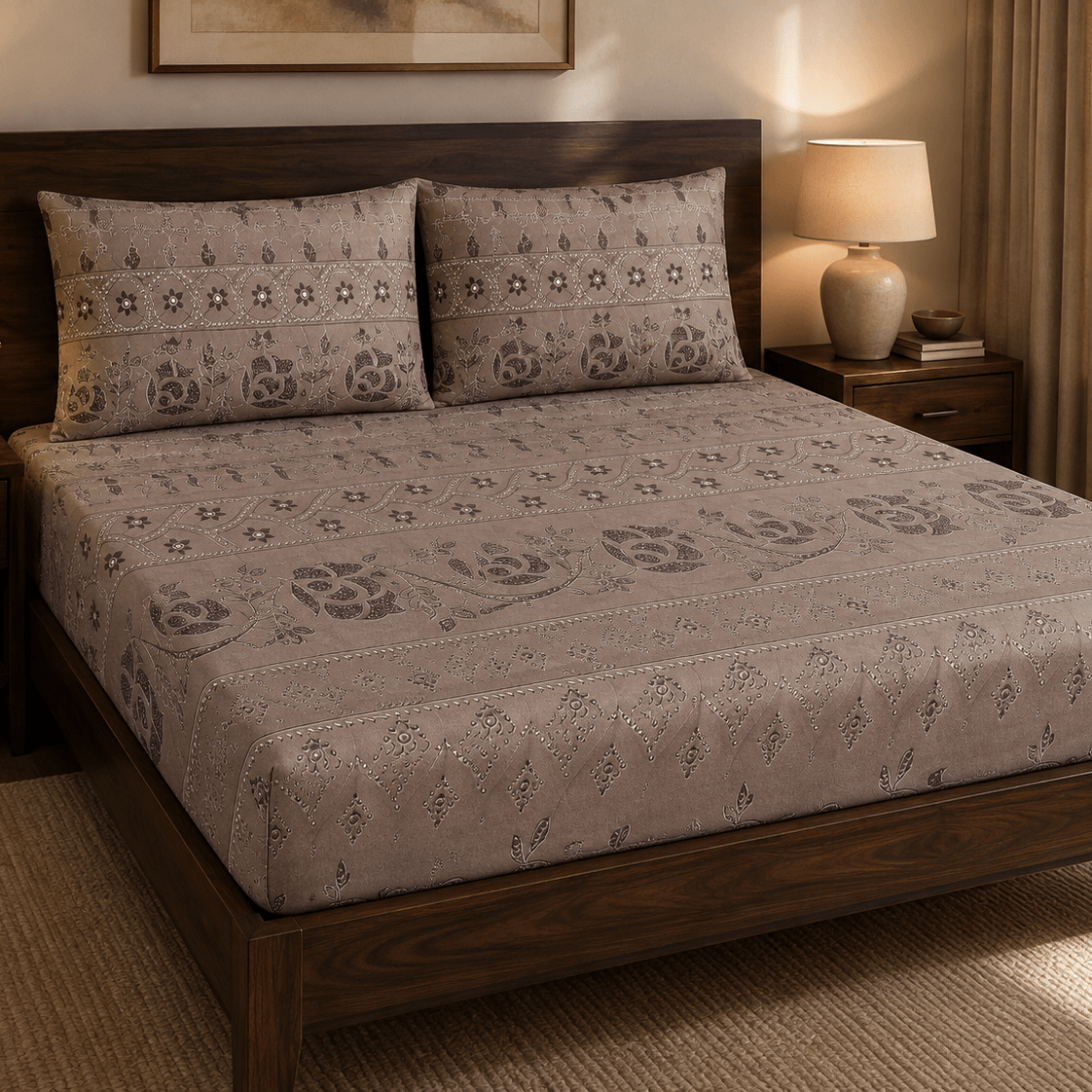 Aarniva 100% Cotton Floral Bedsheet Set in mocha with floral design, perfect for King/Queen beds.
