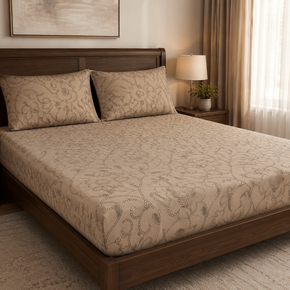 Aarniva 100% cotton floral bedsheet set in warm sand color on a wooden bed.