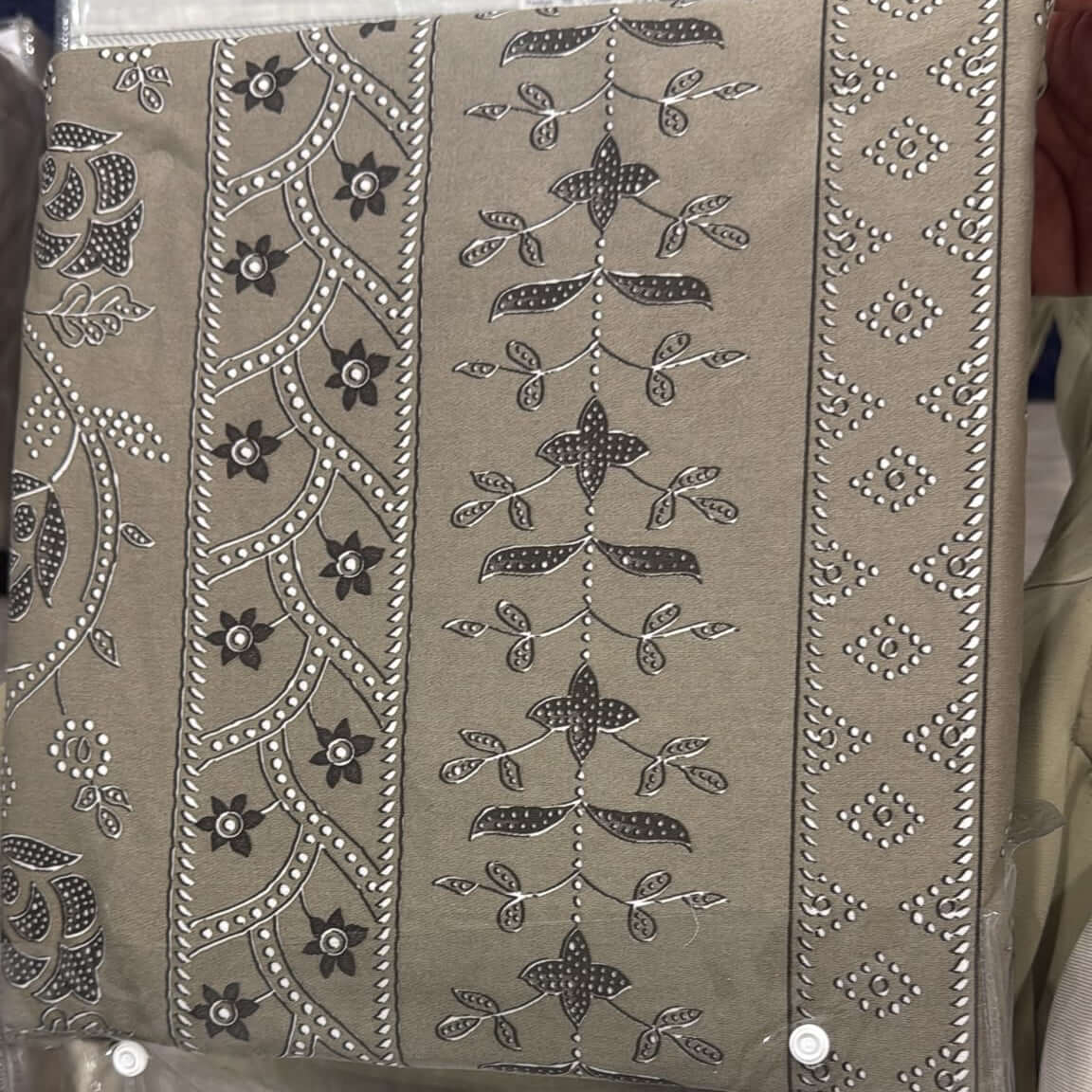 100% cotton ornamental bedsheet set featuring taupe heritage stripe and floral designs.