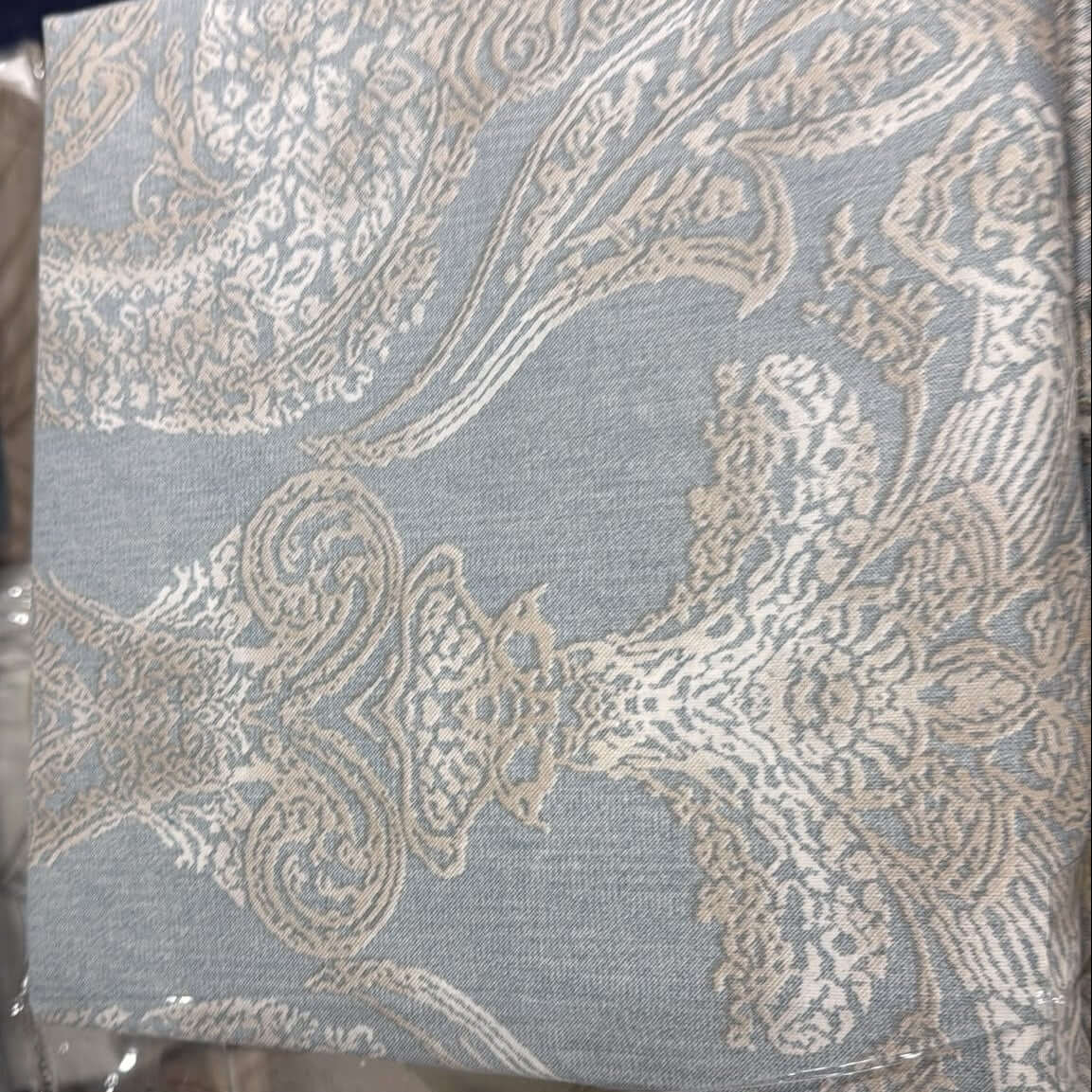 Aarniva 100% Cotton Paisley Bedsheet Set in misty blue with ivory paisley design, perfect for elegant bedroom decor.