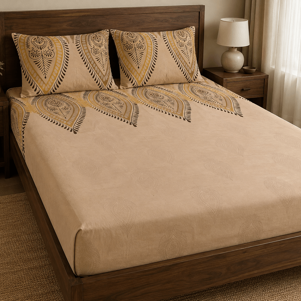 Aarniva king size cotton paisley bedsheet set displayed on a bed with a wooden frame and beige decor.