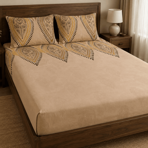 Aarniva king size cotton paisley bedsheet set displayed on a bed with a wooden frame and beige decor.