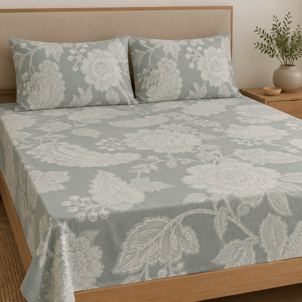 Aarniva 100% Cotton Paisley Floral Bedsheet Set, King/Queen, Soft & Breathable, Misty Sage Paisley, 200 TC, cotton paisley floral bedsheet set.