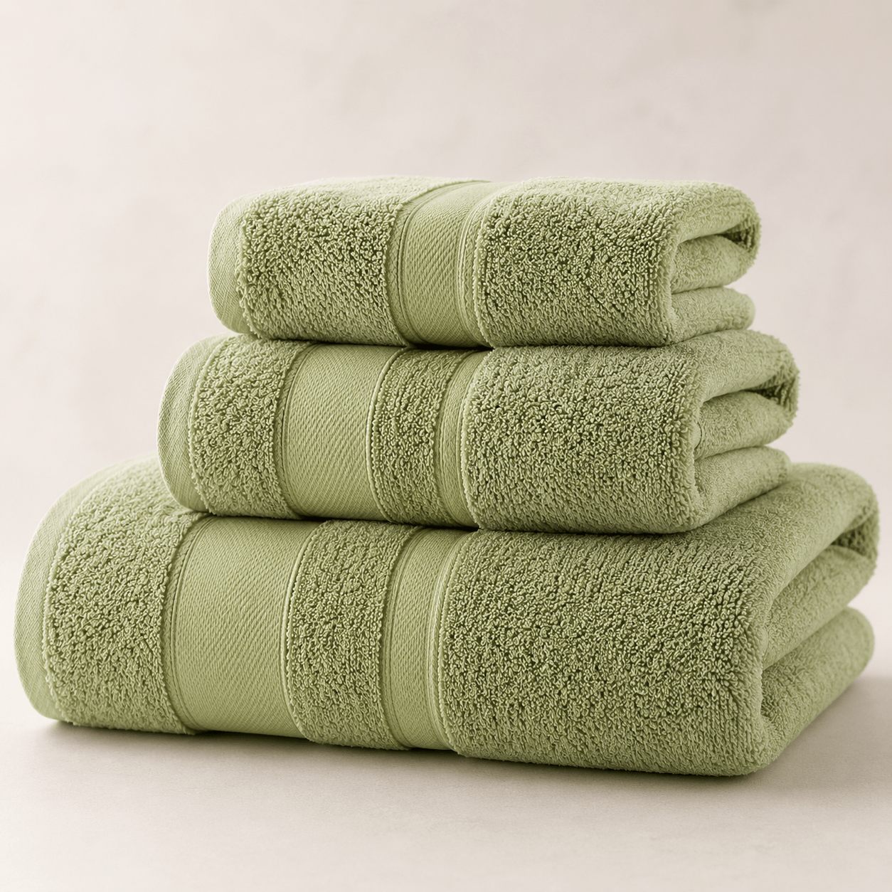 Aarniva 100% Cotton Towel Set | Soft, Absorbent & Lint-Free | Multi-Size | 3-Piece Set in Sage Green color.