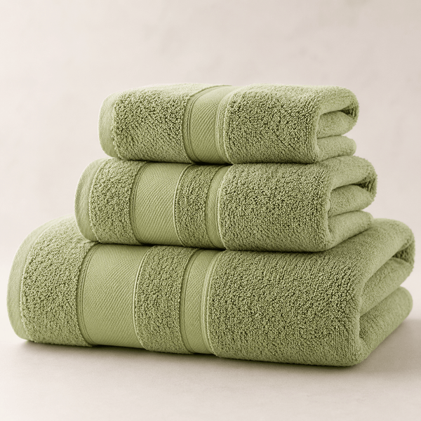 Aarniva 100% Cotton Towel Set | Soft, Absorbent & Lint-Free | Multi-Size | 3-Piece Set in Sage Green color.