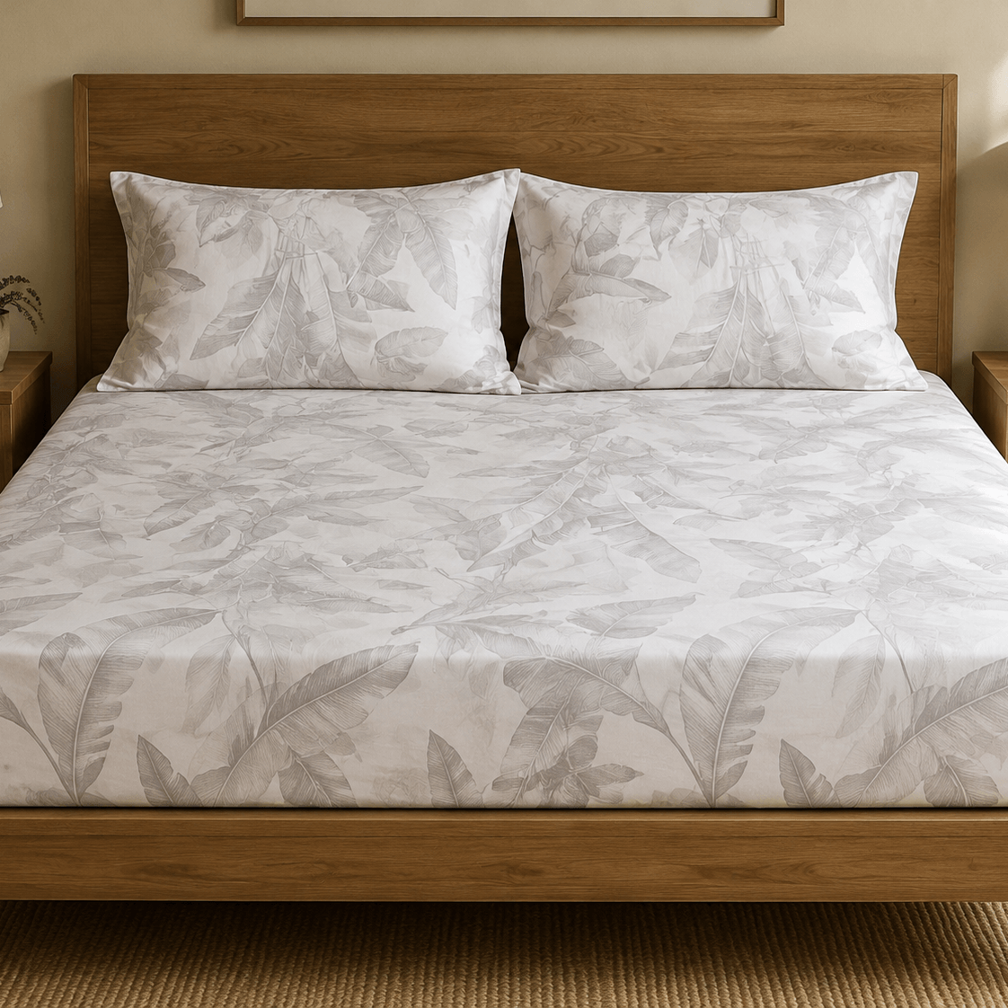 Aarniva 100% Cotton Botanical Bedsheet Set in Misty Leaf Ivory, elegant and breathable design for King or Queen beds.