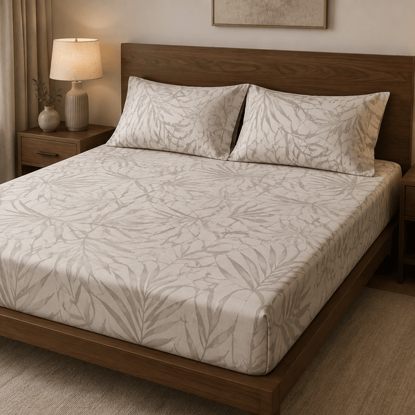 Aarniva 100% Cotton Botanical Bedsheet Set in soft taupe foliage, featuring a comfortable king/queen size for restful sleep.