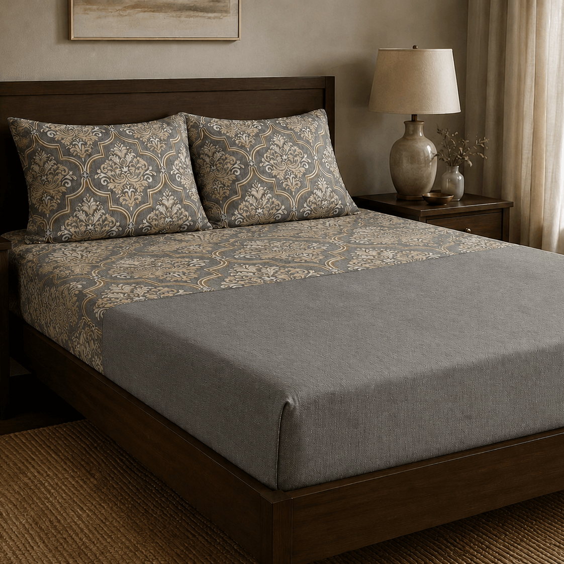 Aarniva 100% cotton damask bedsheet set displayed on a bed with decorative pillows in stone grey and elegant design.