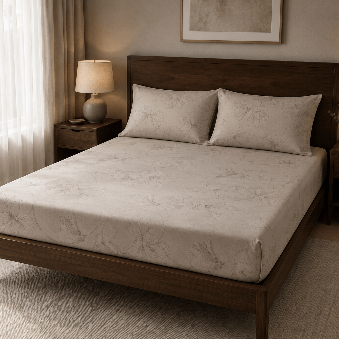 Aarniva 100% Cotton Floral Bedsheet Set in soft taupe, providing comfort and elegance for King/Queen beds.