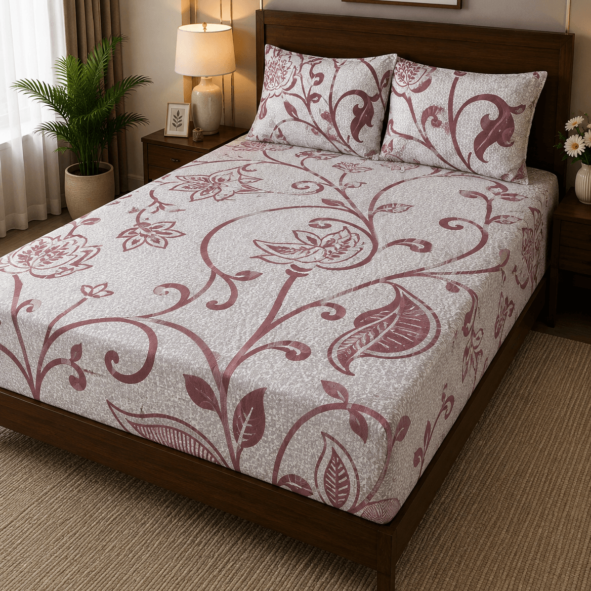 Aarniva 100% Cotton Floral Scroll Bedsheet Set on a bed, featuring dusty mauve floral design, perfect for a stylish bedroom.
