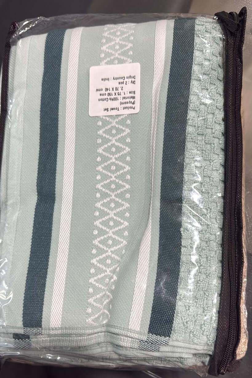 Aarniva 100% Cotton Jacquard Bath Towel Set in sage stripe, soft and absorbent, four-piece, packaged neatly.