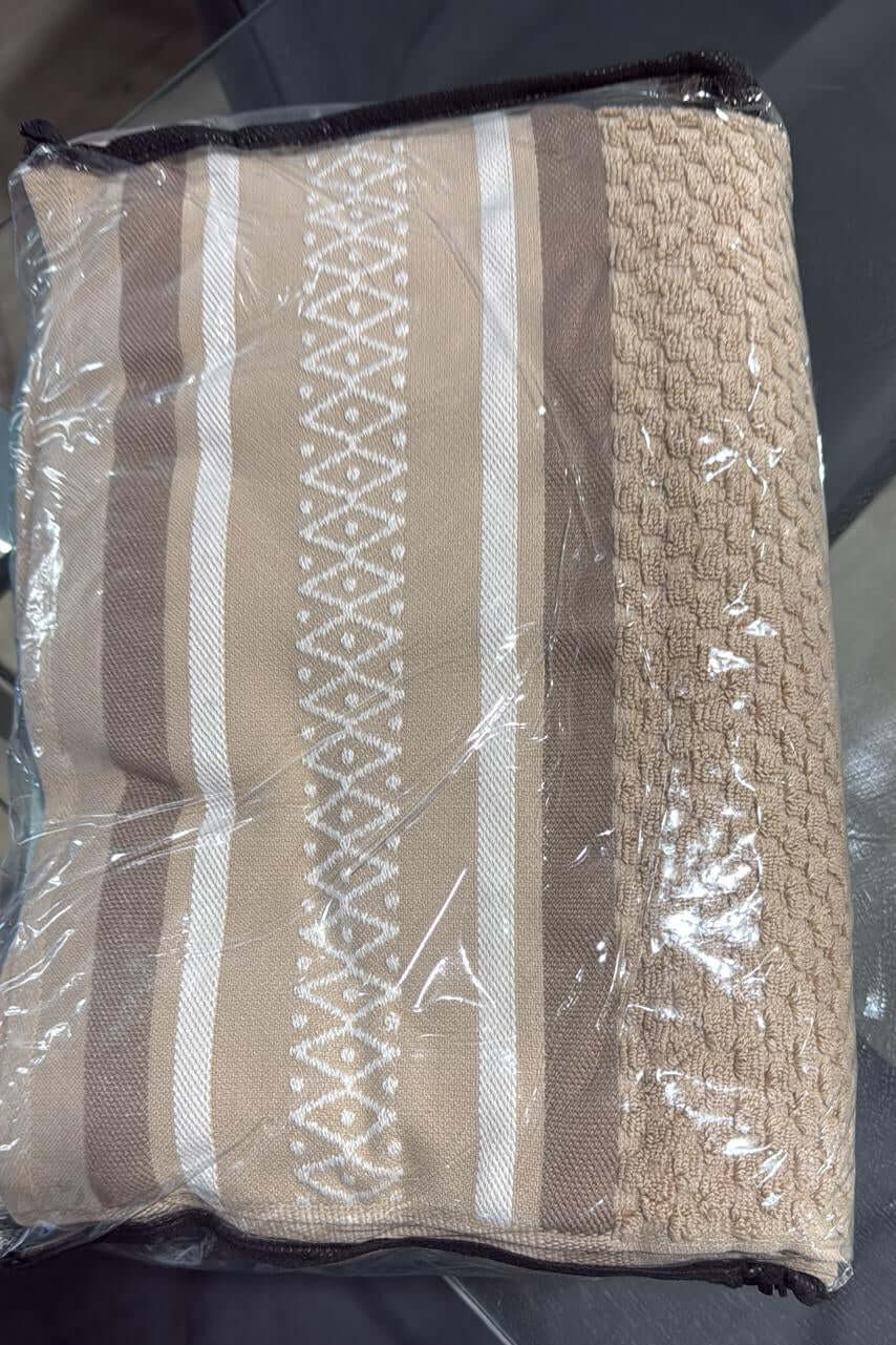 Aarniva 100% Cotton Bath Towel Set in warm beige color with stripe design, packaged for freshness.
