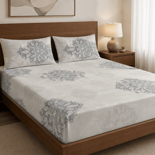 Aarniva 100% Cotton Ornamental Bedding Set in misty blue medallion design on a king/queen size bed.