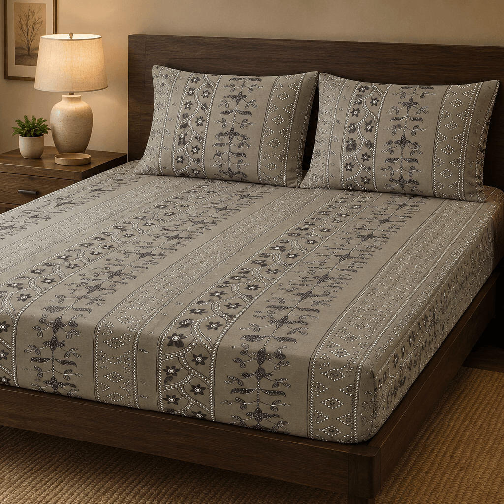 Aarniva 100% cotton ornamental bedsheet set displayed on a king size bed with decorative pillows and lamp.