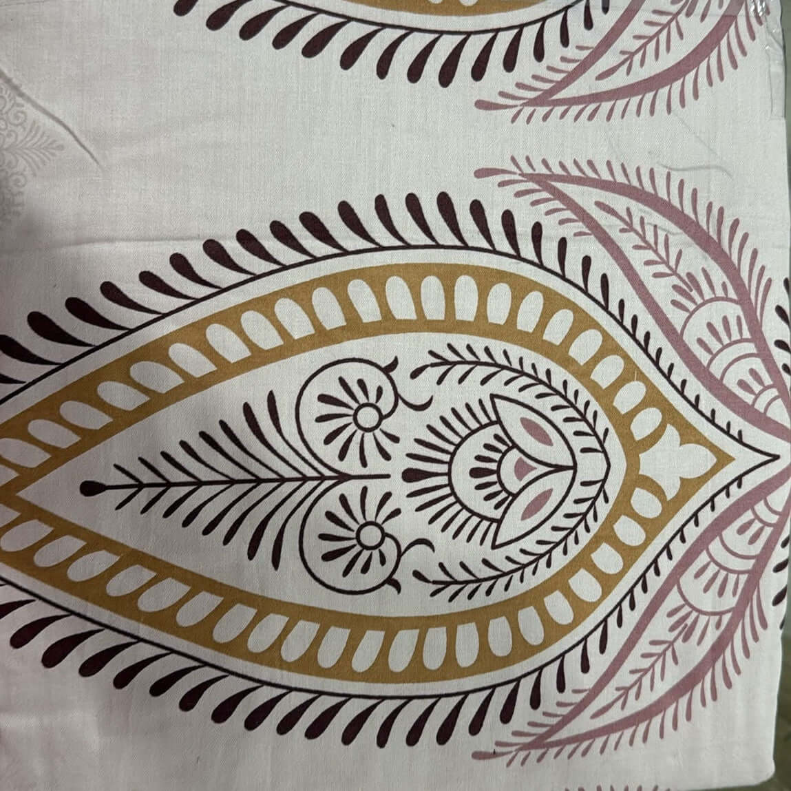 Cotton paisley bedsheet set featuring elegant paisley design in ivory, rose, and gold colors, ideal for comfortable bedding.