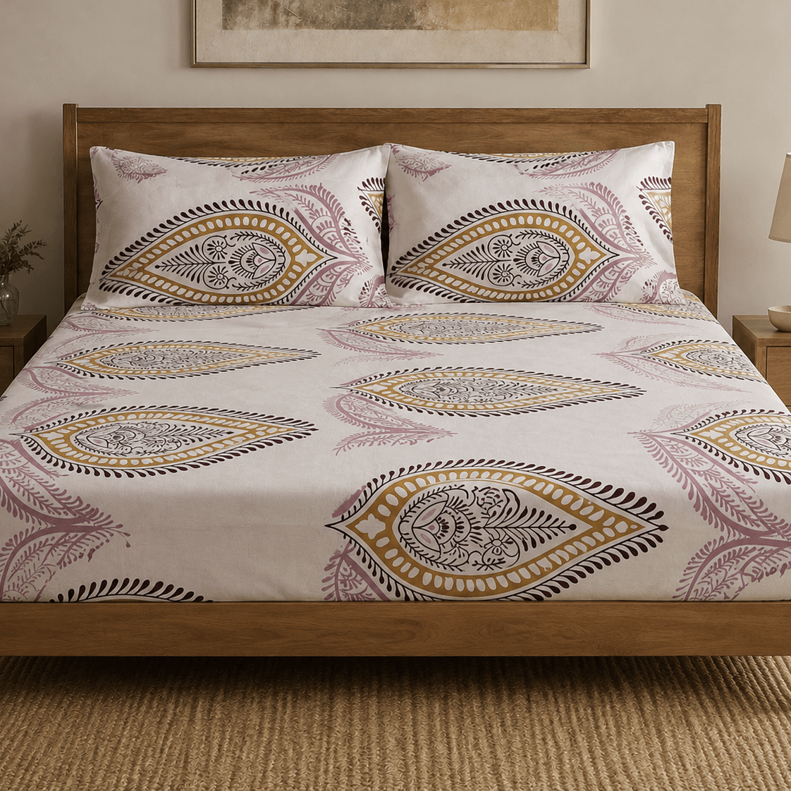 Aarniva 100% Cotton Paisley Bedsheet Set featuring ivory rose paisley design on a king/queen bed.