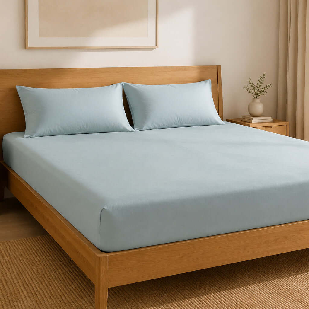 Aarniva 100% cotton bedsheet set powder blue on a wooden bed frame with matching pillows.
