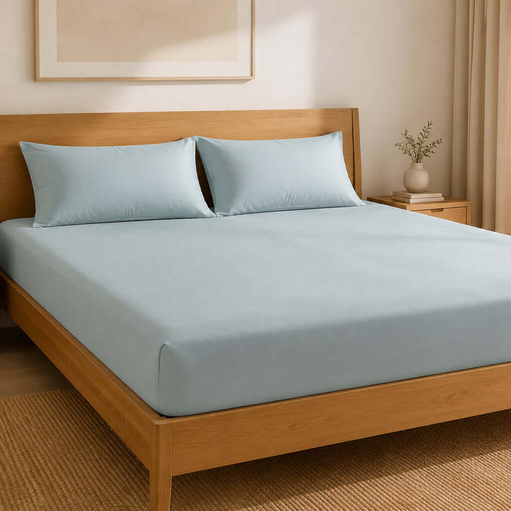 Aarniva 100% cotton bedsheet set powder blue on a wooden bed with two matching pillows.