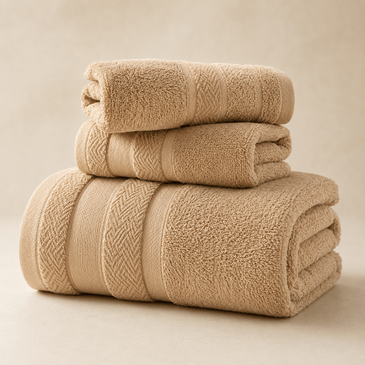 Aarniva 100% cotton towel set in warm beige, featuring soft, absorbent, and lint-free towels, perfect for daily personal care.