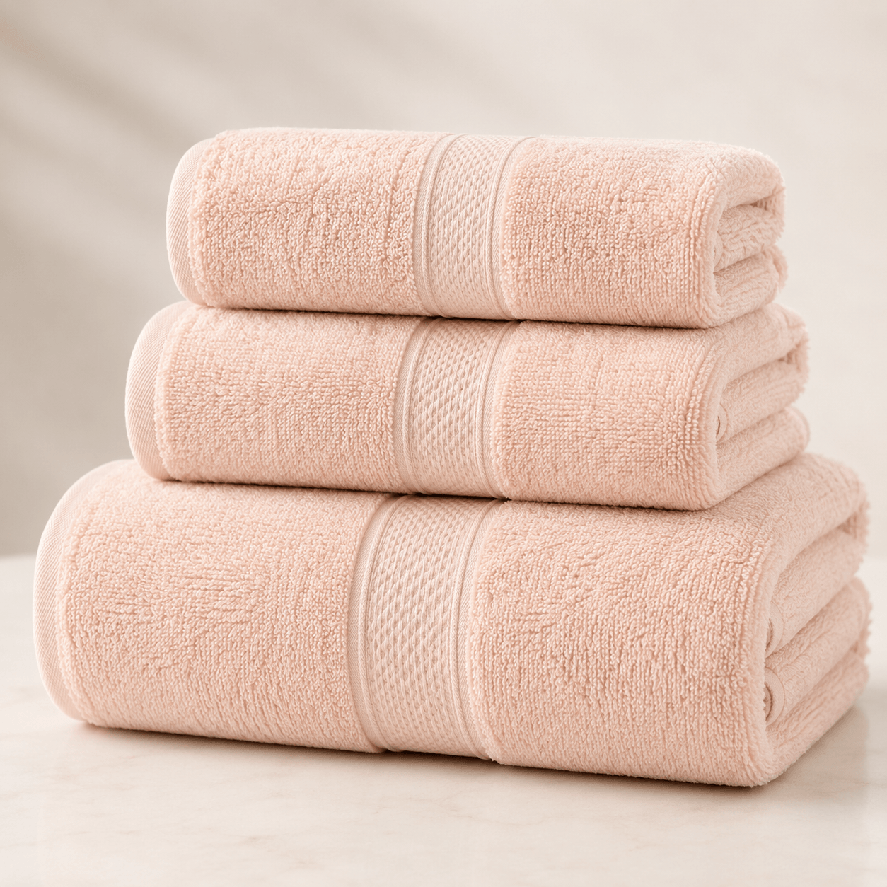 Aarniva 100% cotton towel set in blush pink, featuring three soft, absorbent, and lint-free towels stacked neatly.