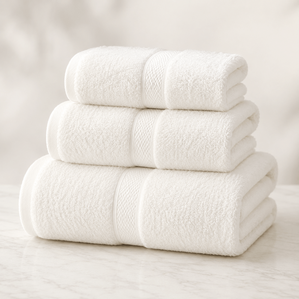 Aarniva 100% cotton towel set, classic white, soft and absorbent, 3-piece towels stacked on a marble surface.