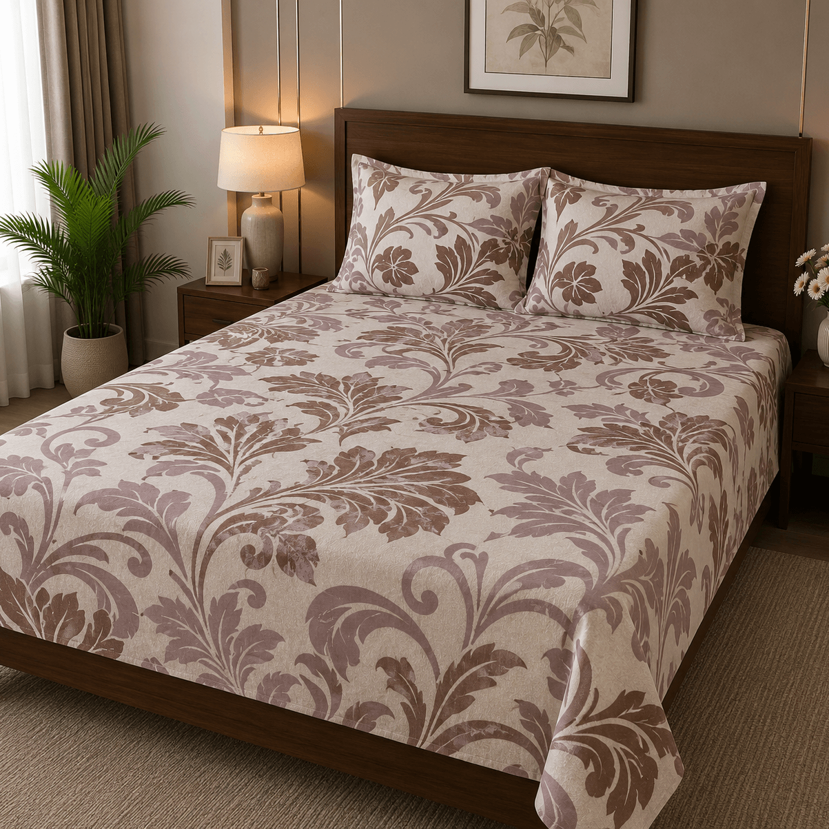 Aarniva 100% cotton damask bedsheet set displayed on a neatly made bed with pillows, featuring elegant mocha mauve design.