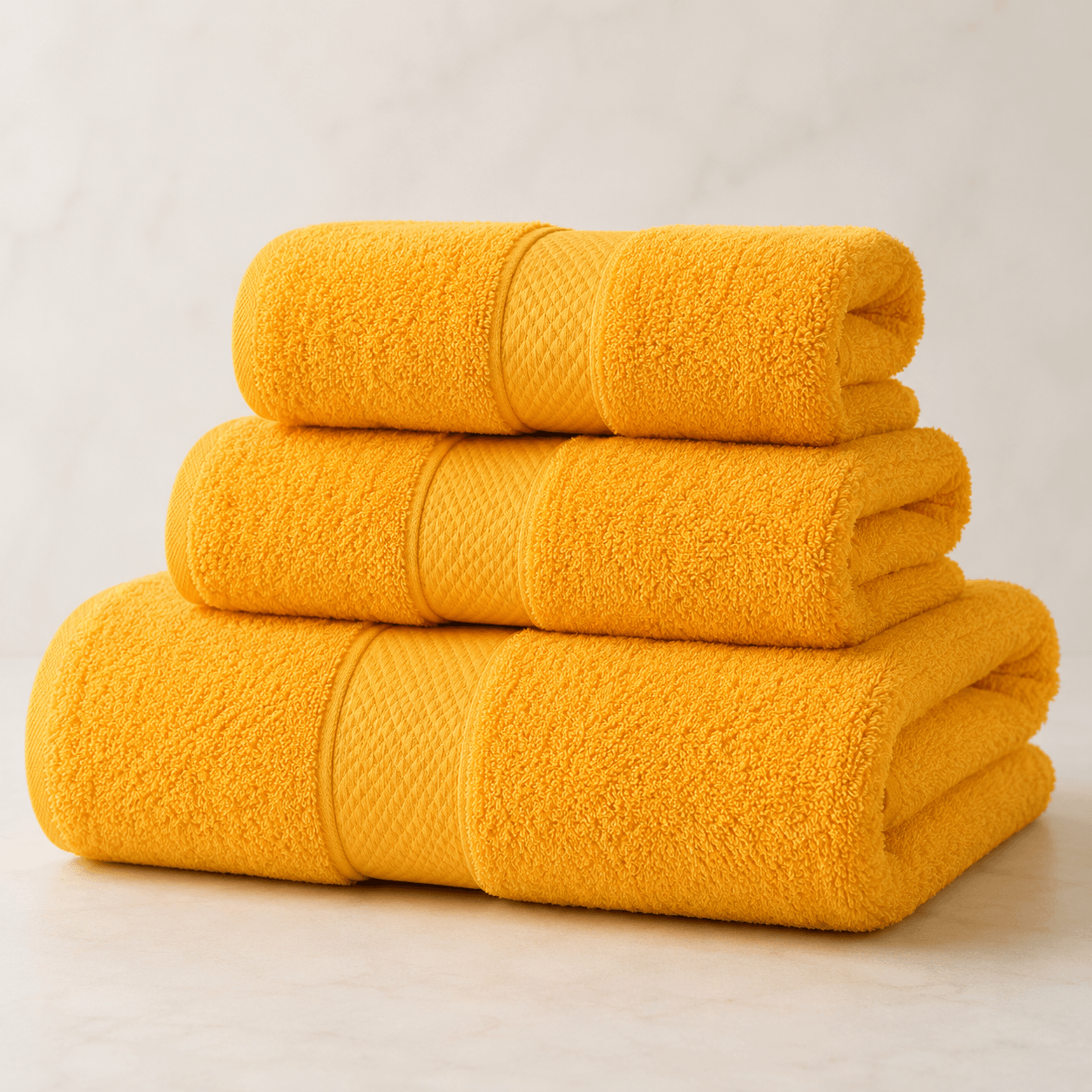 Aarniva 100% cotton towel set in golden yellow color stacked with three plush towels.