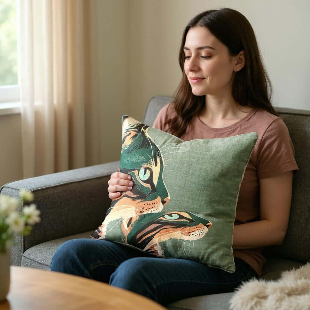 Aarniva animal print decorative throw pillow with twin tiger faces, green cover, held by a woman on a sofa.