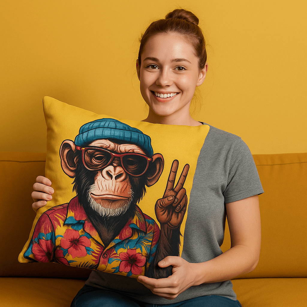 Aarniva Animal Print Decorative Throw Pillow | Cotton Cover & Pillow Insert | Square Cushion | Wildlife Collection featuring Funky Monkey Yellow design.