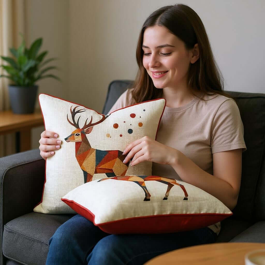 Aarniva Animal Print Decorative Throw Pillow | Cotton Cover & Pillow Insert | Square Cushion | Wildlife Collection with geometric standing deer design.