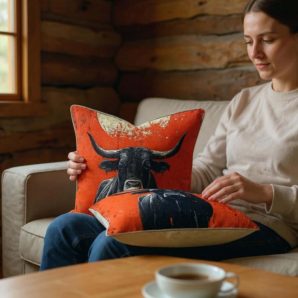 Aarniva Animal Print Decorative Throw Pillow | Cotton Cover & Pillow Insert | Square Cushion | Wildlife Collection with bull head design.