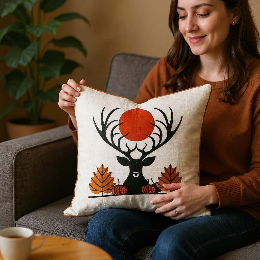 Aarniva Animal Print Decorative Throw Pillow | Cotton Cover & Pillow Insert | Square Cushion | Wildlife Collection featuring Autumn Deer design in beige.