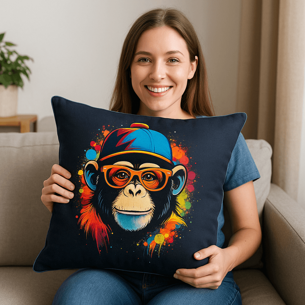 Aarniva Animal Print Decorative Throw Pillow | Cotton Cover & Pillow Insert | Square Cushion | Wildlife Collection featuring Funky Monkey Navy design.