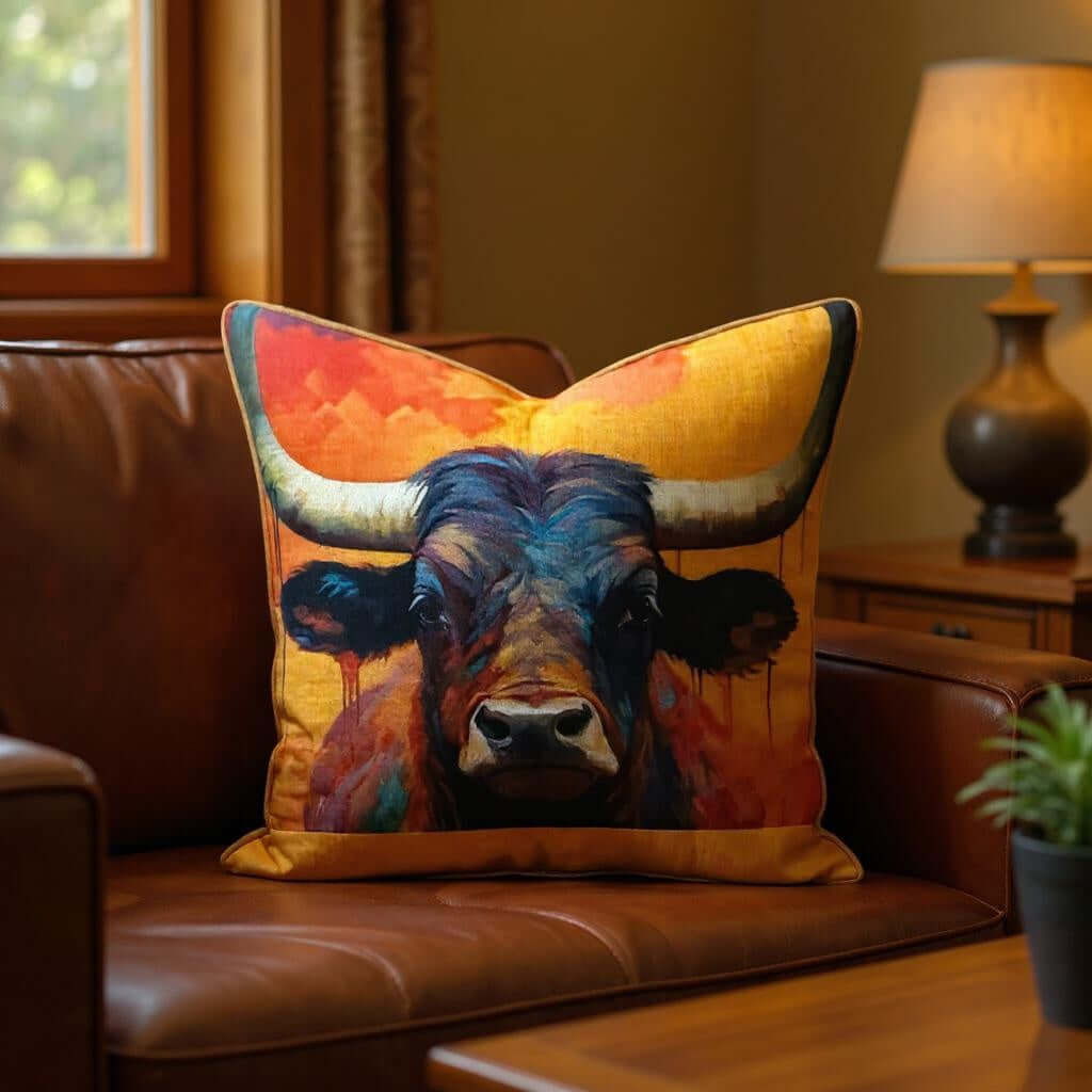 Aarniva animal print decorative throw pillow featuring a majestic bull design on a yellow cover.