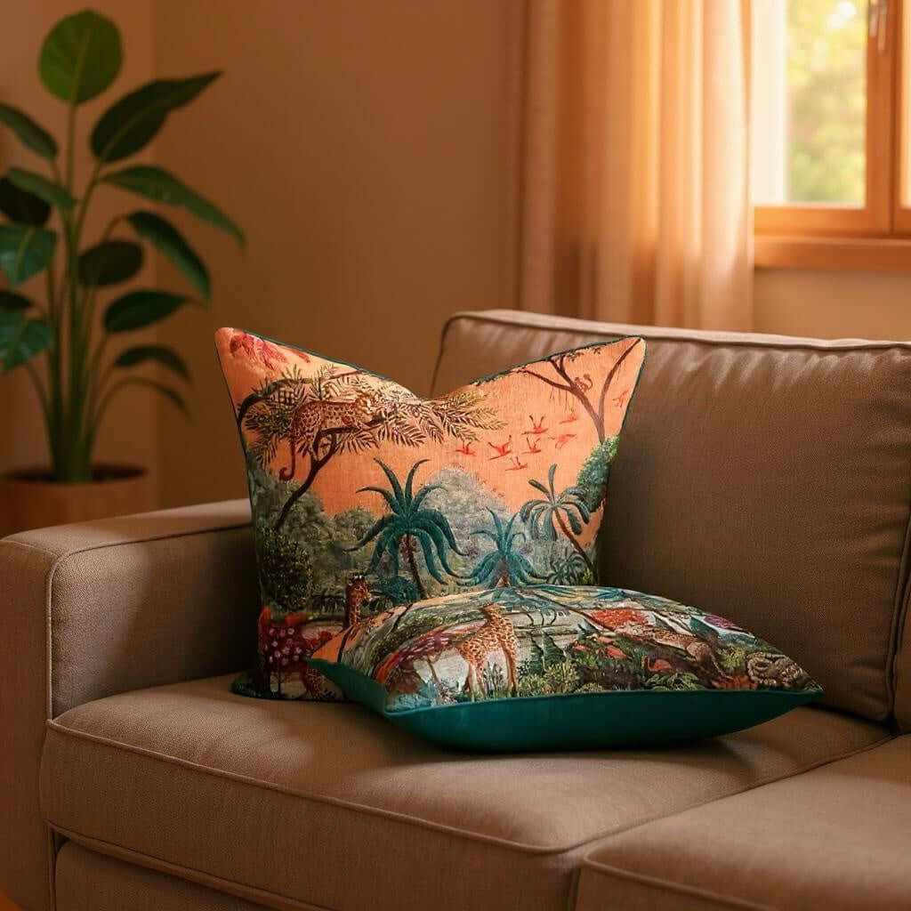 Aarniva animal print decorative throw pillow on a sofa, featuring jungle safari design with green accents.