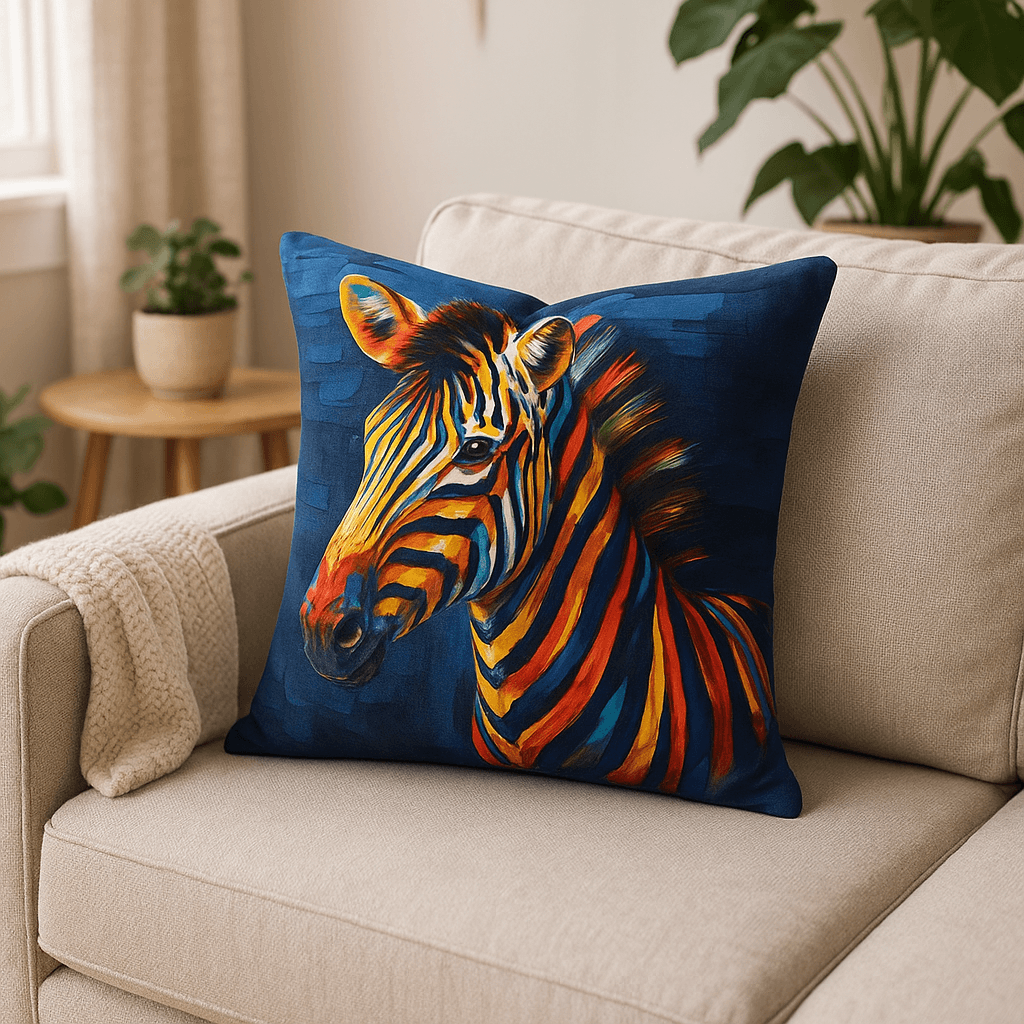 Aarniva animal print decorative throw pillow with vibrant zebra design on blue cover, placed on a cozy sofa.