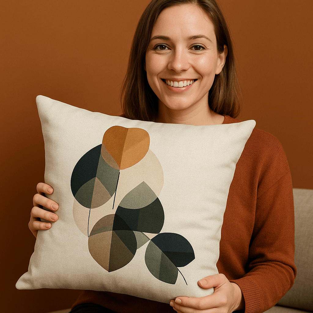 Artistic decorative throw pillow featuring minimalist circles design in orange and green, held by a woman smiling.