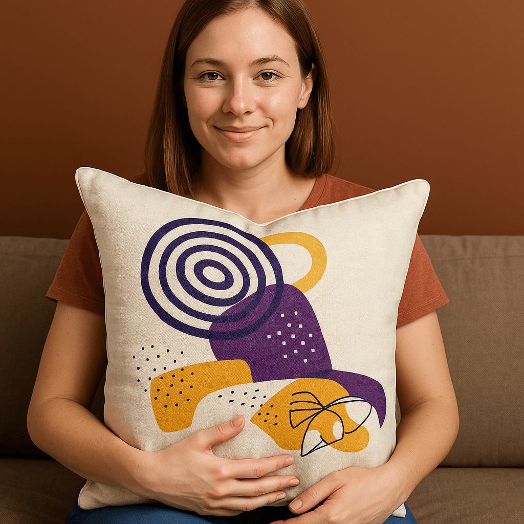 Aarniva Cultural & Artistic Decorative Throw Pillow | Cotton Cover & Pillow Insert | Square Cushion | Artistic Collection with Abstract Purple & Yellow Shapes.