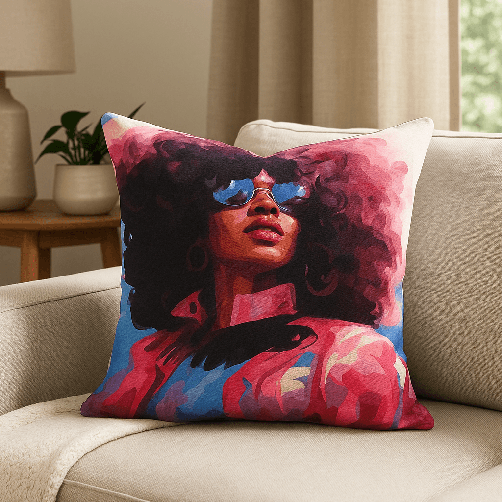 Aarniva artistic decorative throw pillow featuring Afro Art Woman design in red on a cozy sofa.