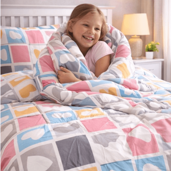 Aarniva breathable heart pattern comforter set on a bed with a smiling girl enjoying its cozy warmth.