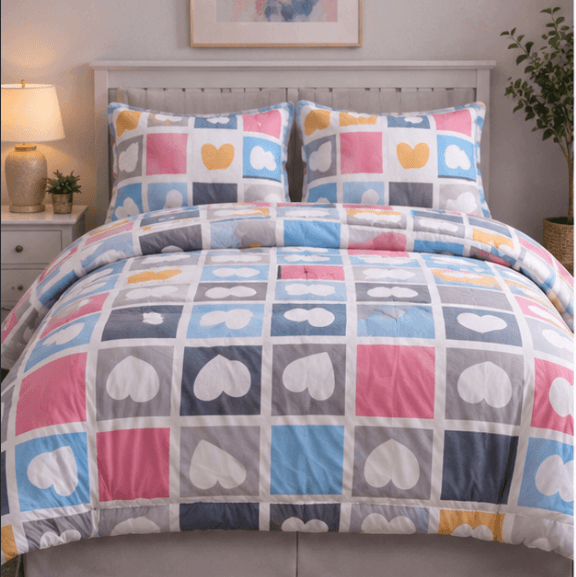 Aarniva breathable heart pattern comforter set on a bed with matching pillows, showcasing a colorful heart patchwork design.