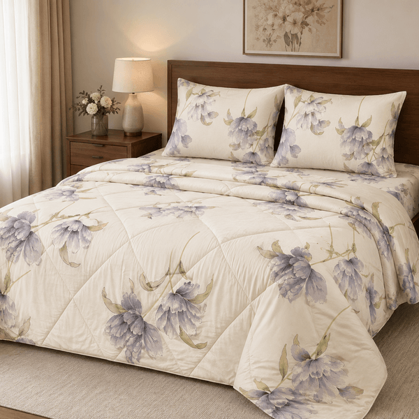 Aarniva lavender floral comforter set displayed on a bed with elegant floral design, perfect for cozy bedroom decor.