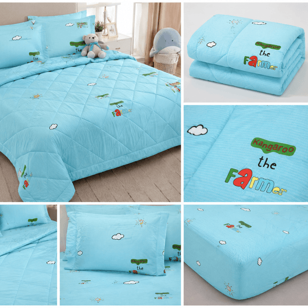 Aarniva breathable polyester comforter set in sky blue with playful farm-themed design, 5-piece set for King/Queen beds.