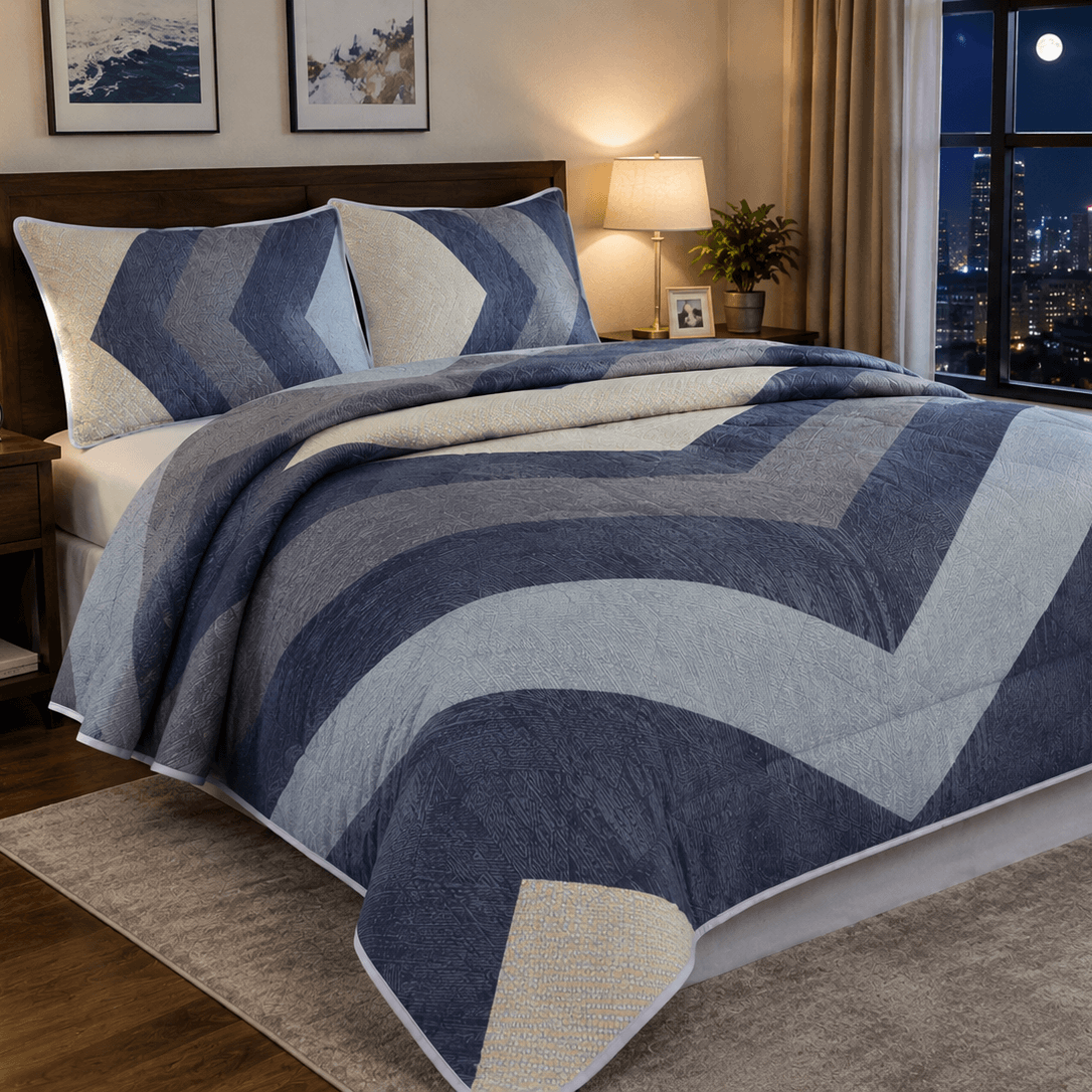Aarniva Breathable Polyester Midnight Chevron Comforter Set showcasing modern chevron design in a cozy bedroom setting.