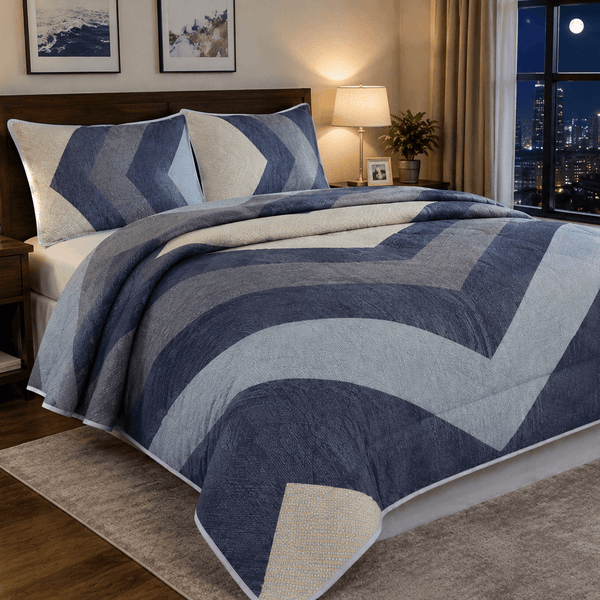 Aarniva Breathable Polyester Midnight Chevron Comforter Set showcasing modern chevron design in a cozy bedroom setting.