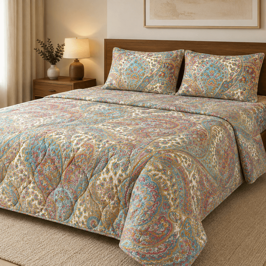 Aarniva Breathable Polyester Pastel Paisley Elegance Comforter Set on a bed, showcasing the vibrant pastel paisley comforter set.