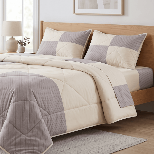 Aarniva breathable polyester comforter set in sage horizon color, showcasing a modern geometric design for stylish bedroom decor.