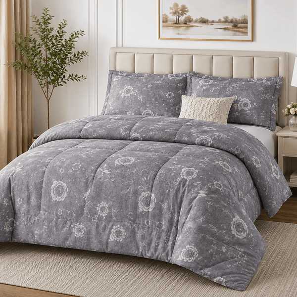 Aarniva breathable polyester garden comforter set in soft grey with floral design on a bed.