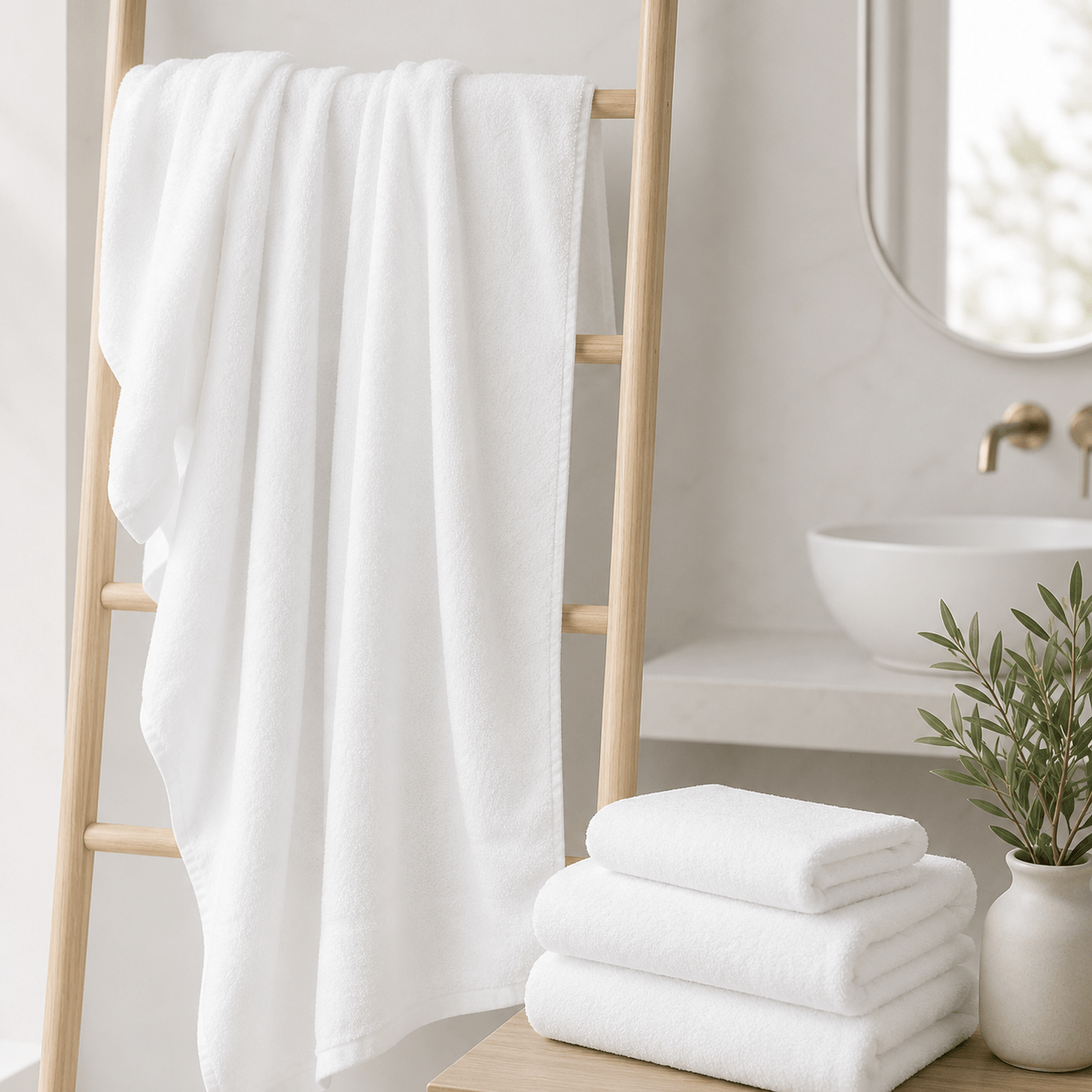 Aarniva cotton hotel quality cotton bath towels hanging and neatly stacked in a modern bathroom setting.