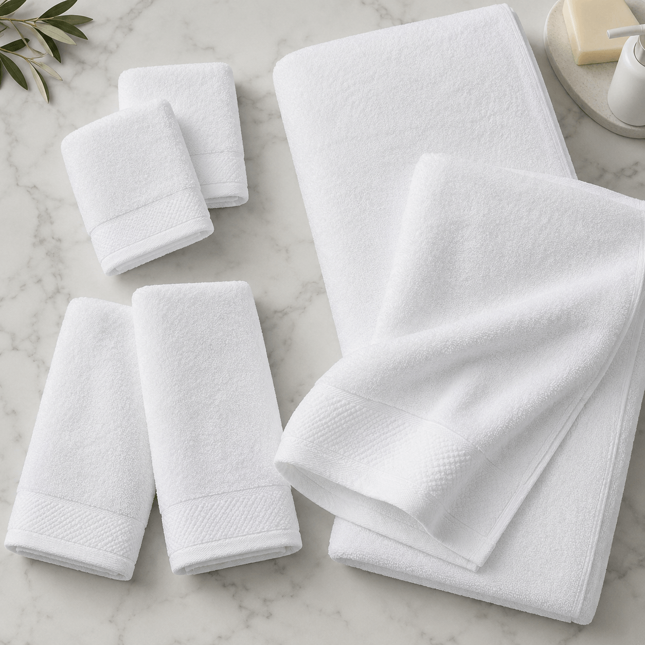 Aarniva hotel cotton towel set displayed on a marble surface, featuring bath, hand, and face towels in classic white.